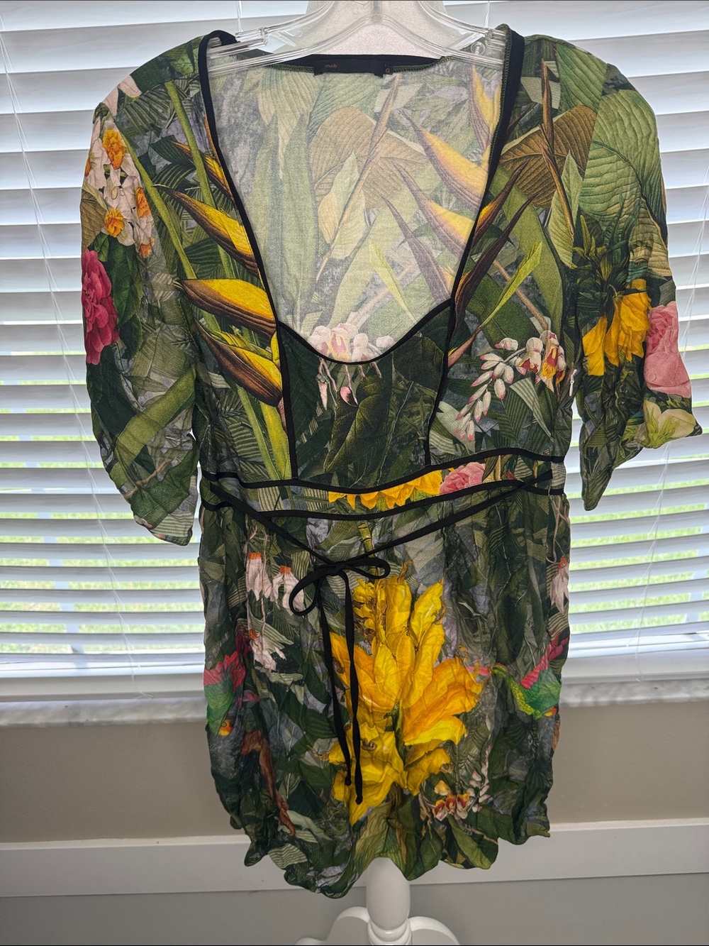 Tropical Floral Mesh Tunic with Black Trim